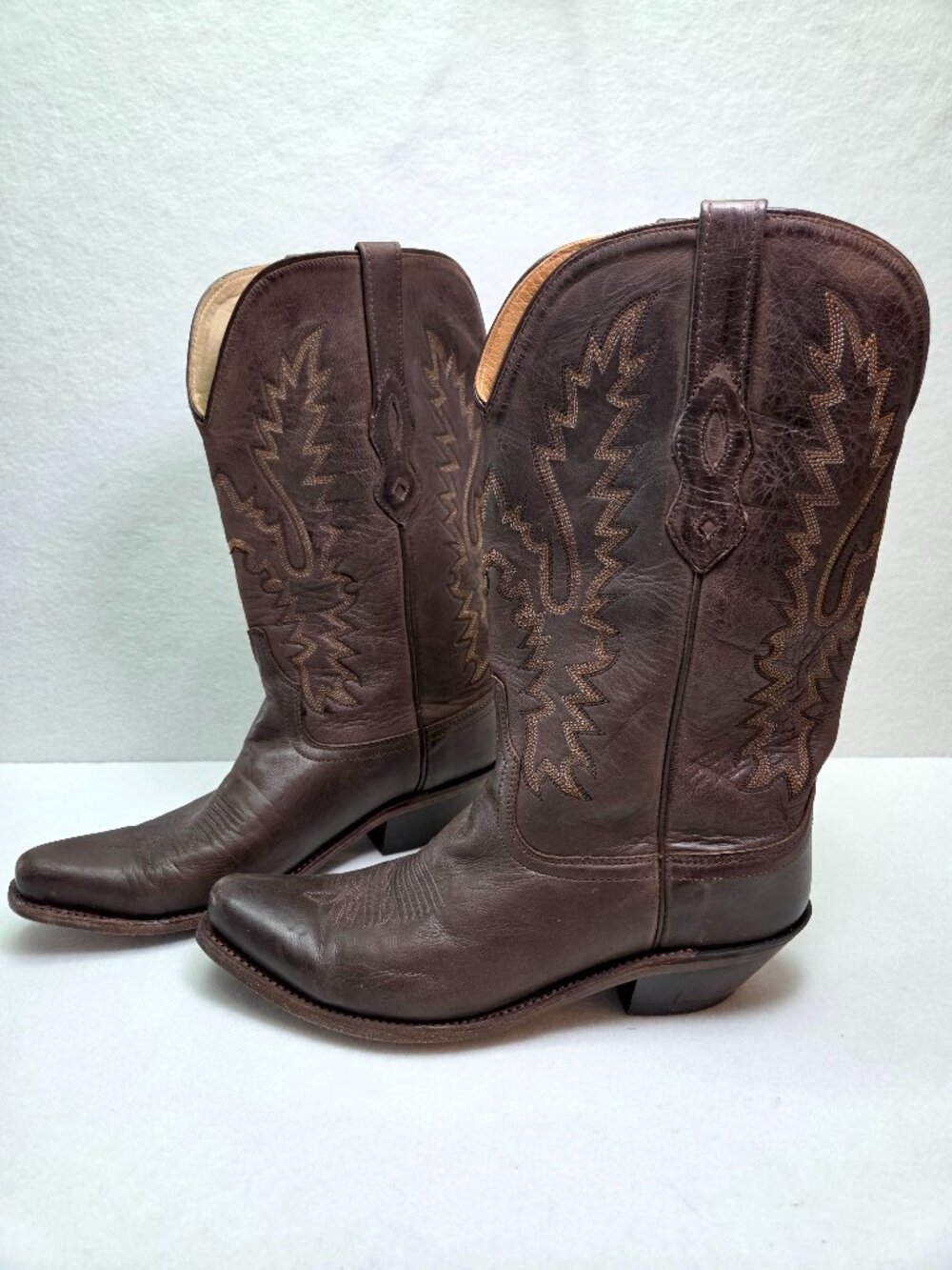 Old West Snip Toe LF1534 Leather Cowboy Boots Size 9 Brown Embroidered Western